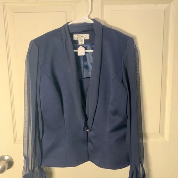 Patra vintage Elegant Navy Blue Skirt Suit with Sheer Sleeves size 12 - Picture 5 of 8